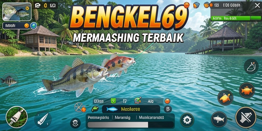 Screenshot BENGKEL69 menunjukkan pemain memancing di lautan yang indah.
