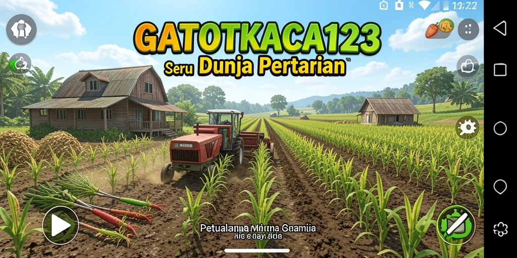 Tangkapan layar penuh warna dari gameplay GATOTKACA123 yang menampilkan ladang dan tanaman.