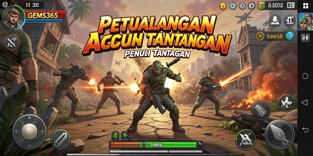 Tangkapan layar utama GEMS365 menunjukkan aksi gameplay yang intens.