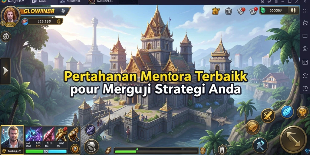 Screenshot gameplay GLOWIN88, menunjukkan menara dan musuh dalam pertarungan.