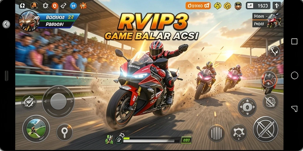Tampilan gameplay RVIP3 yang menegangkan dan penuh aksi balap motor.