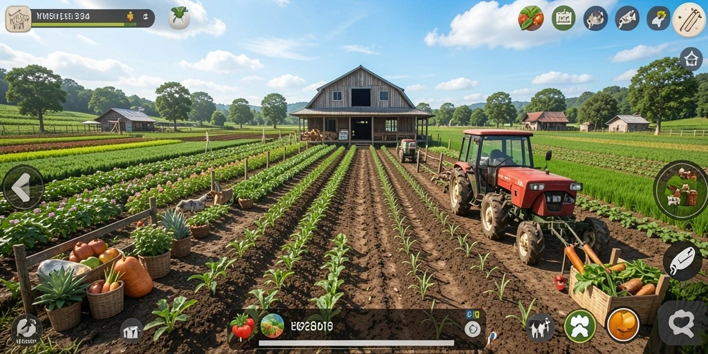 Screenshot gameplay YUMETOTO menampilkan ladang yang indah dan tanaman yang beragam.